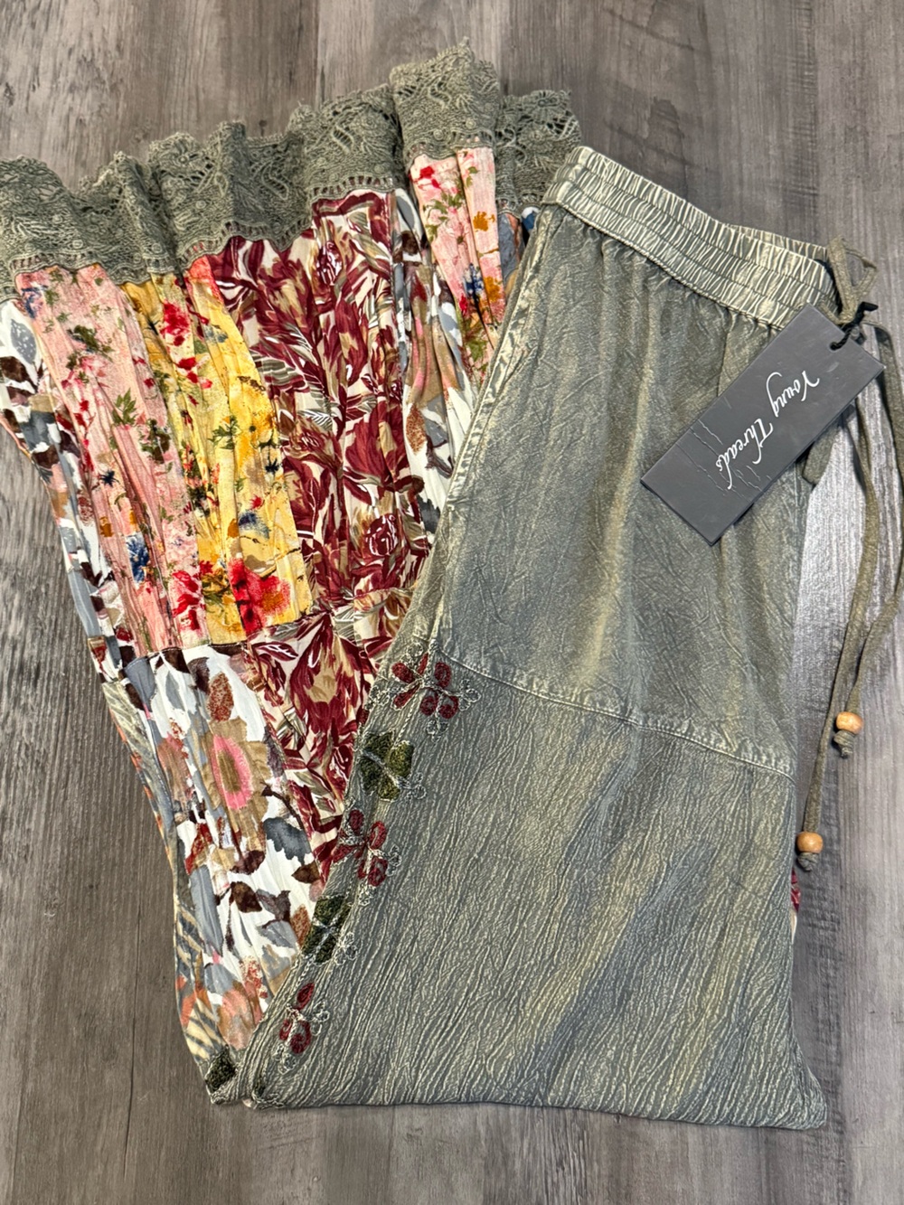 YOUNG THREADS Women’s (Gravel) Patchwork Embroidered Mineral Wash Wide Leg Pants - Picture 6 of 8